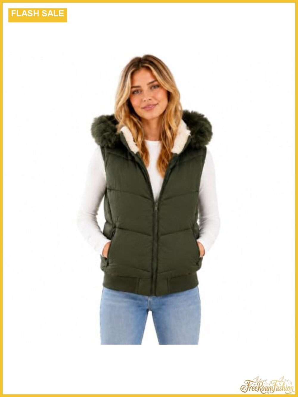 Juniors Puffer Vest Faux Fur Hood Sleeveless Quilted Nylon Zip Jacket